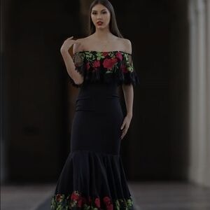 Elegant Black Floral Off-Shoulder Dress